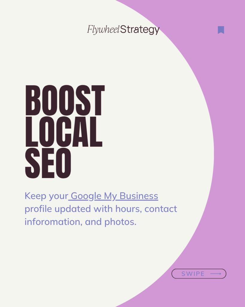 Boost Local SEO: 📍
Got a local business? Make sure you’re easy to find by nearby customers.
Example: Keep your Google My Business profile updated with hours, contact inforomation, and photos.
Tip: Encourage happy customers to leave positive reviews—they really boost local rankings.