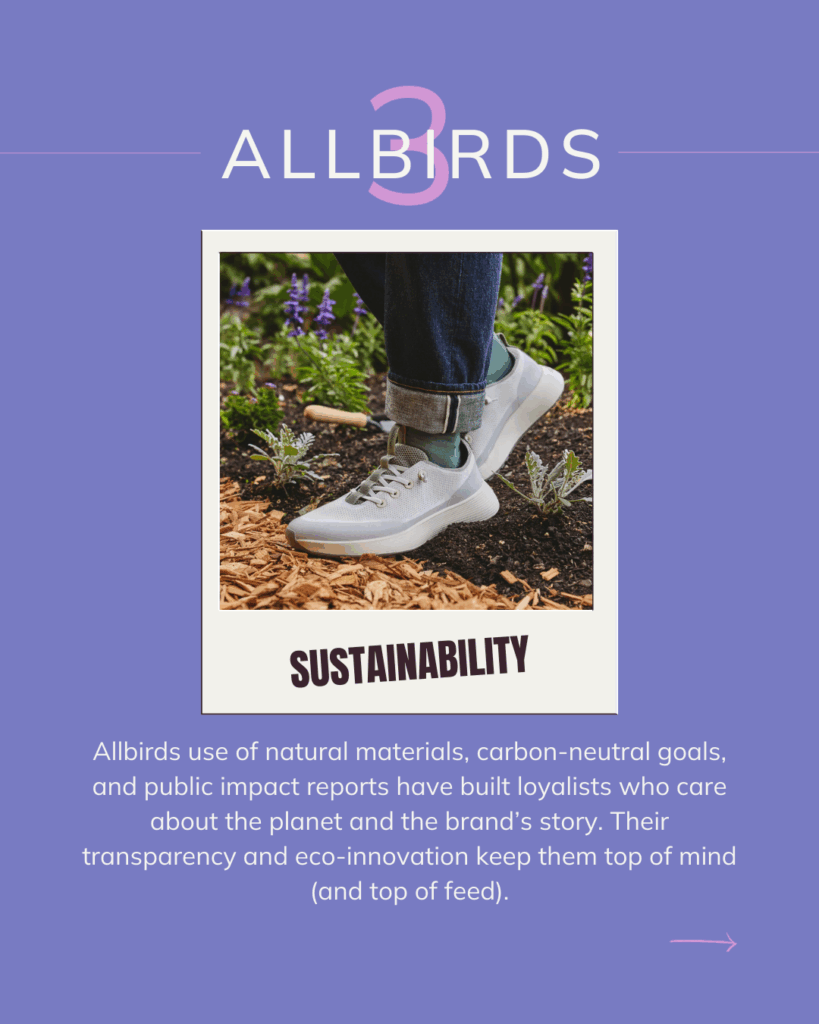 Purple background with “Allbirds” and large pink number 3 above a Polaroid-style photo of light gray sneakers worn outdoors among plants. Below, bold label reads “Sustainability.” Caption highlights Allbirds’ use of natural materials, carbon-neutral goals, public impact reports, and eco-innovation.