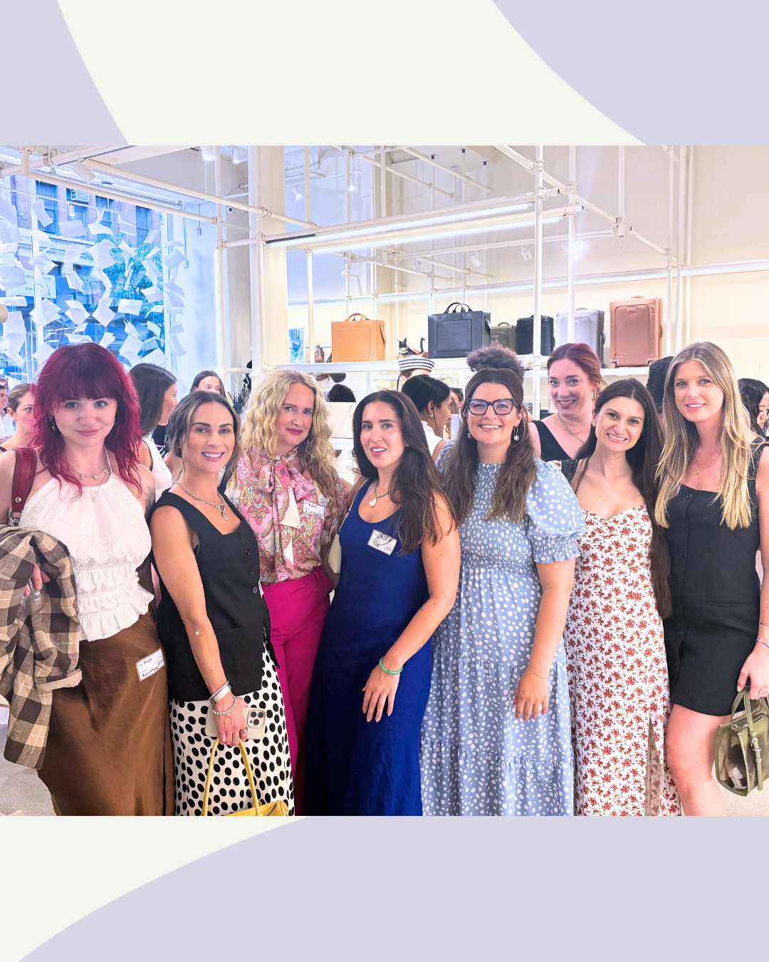 Group of women leaders, entrepreneurs, and founders at the EmpowHER x Flywheel Strategy event discussing fractional leadership, scaling startups, and business advisory support. Taken at Dagne Dover’s NYC store during an August 2025 networking and learning event.