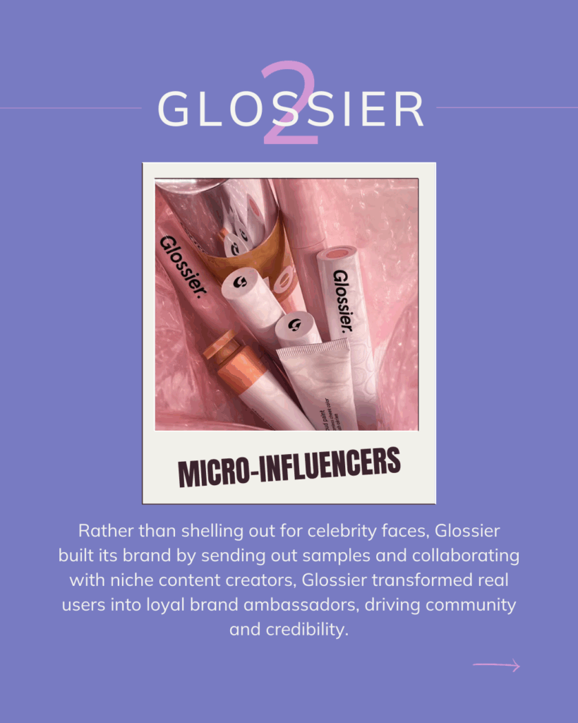 Purple background with “Glossier” and large pink number 2 above a Polaroid-style photo of various Glossier beauty products arranged on pink bubble wrap. Below, bold label reads “Micro-Influencers.” Caption describes how Glossier built community using samples and niche content creators.