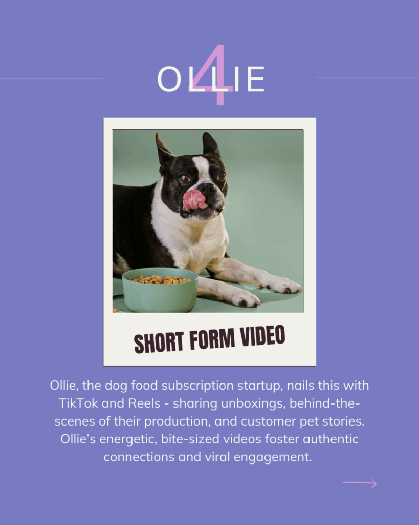 Purple background with “Ollie” and large pink number 4 above a Polaroid-style photo of a black and white Boston Terrier dog licking its lips in front of a green bowl of dog food. Below, bold label reads “Short Form Video.” Caption explains Ollie’s use of TikTok and Reels for unboxings, behind-the-scenes content, and customer stories. Short Form video on the marketing cheat sheet.