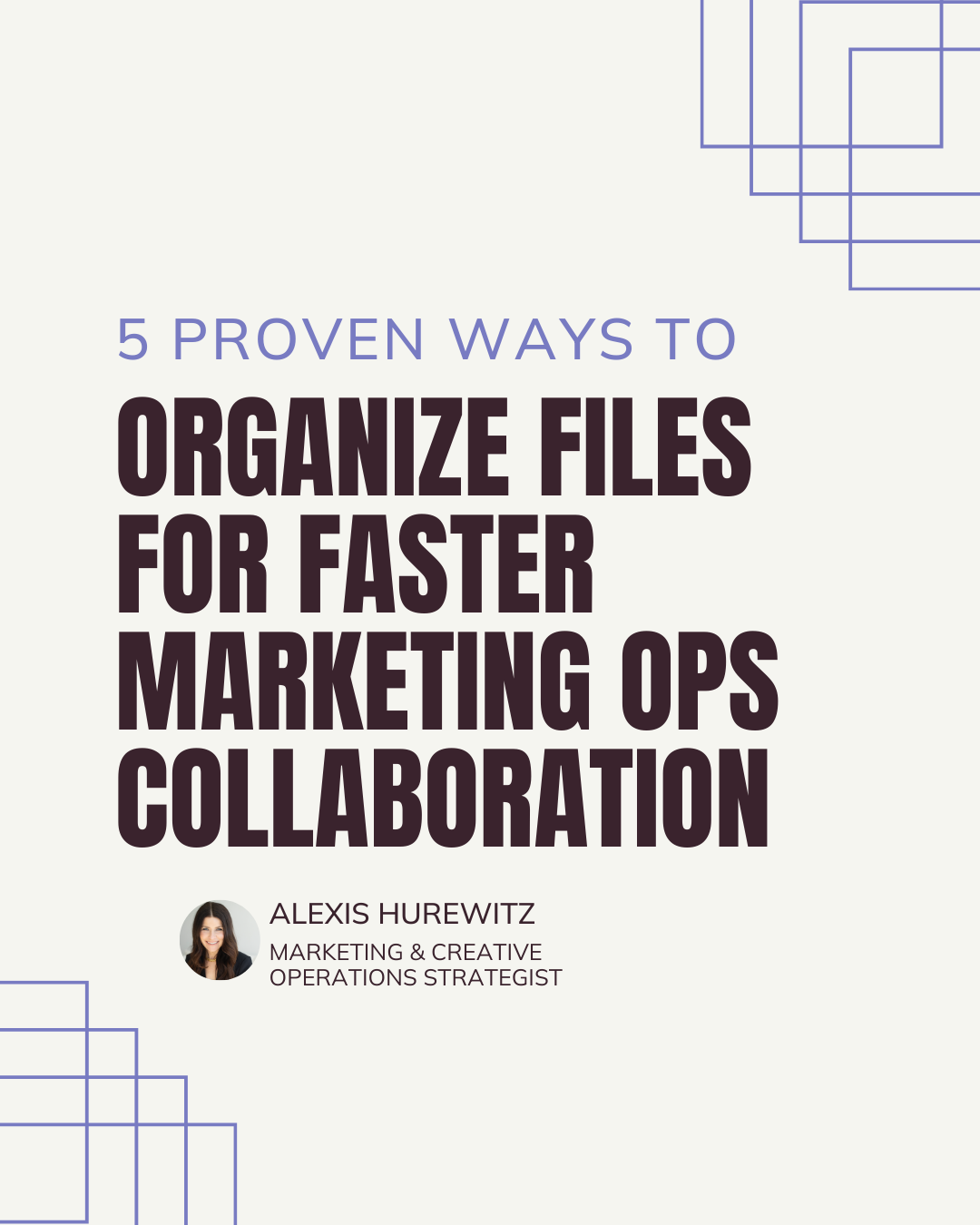 Flywheel Strategy social graphic highlighting ‘5 Proven Ways to Organize Files for Faster Marketing Ops Collaboration’ with sub-headline ‘Our 5 best practices to turn chaos to clarity,’ featuring Alexis Hurewitz profile photo.