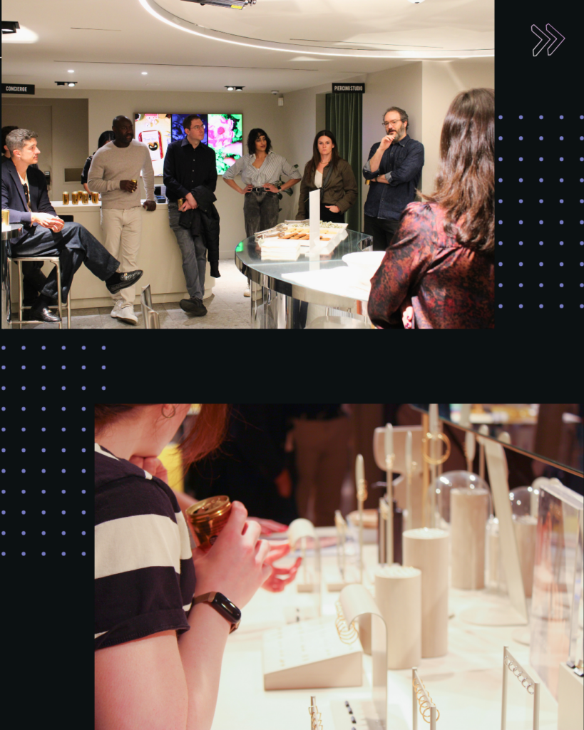 Collage-style slide featuring event photos of attendees listening and browsing jewelry displays at Mejuri Flatiron.