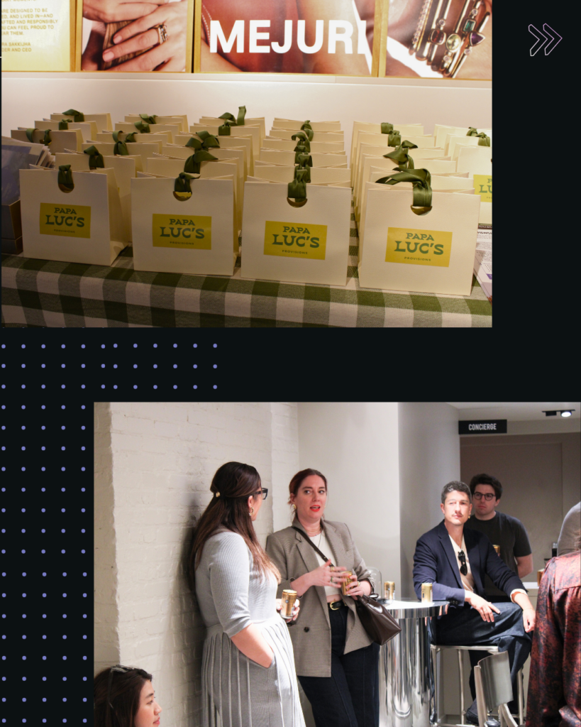 Slide showing branded gift bags from Papa Luc's and attendees in conversation at the Smarter Bets: AI tradeoffs in ecommerce event hosted by Flywheel Strategy.