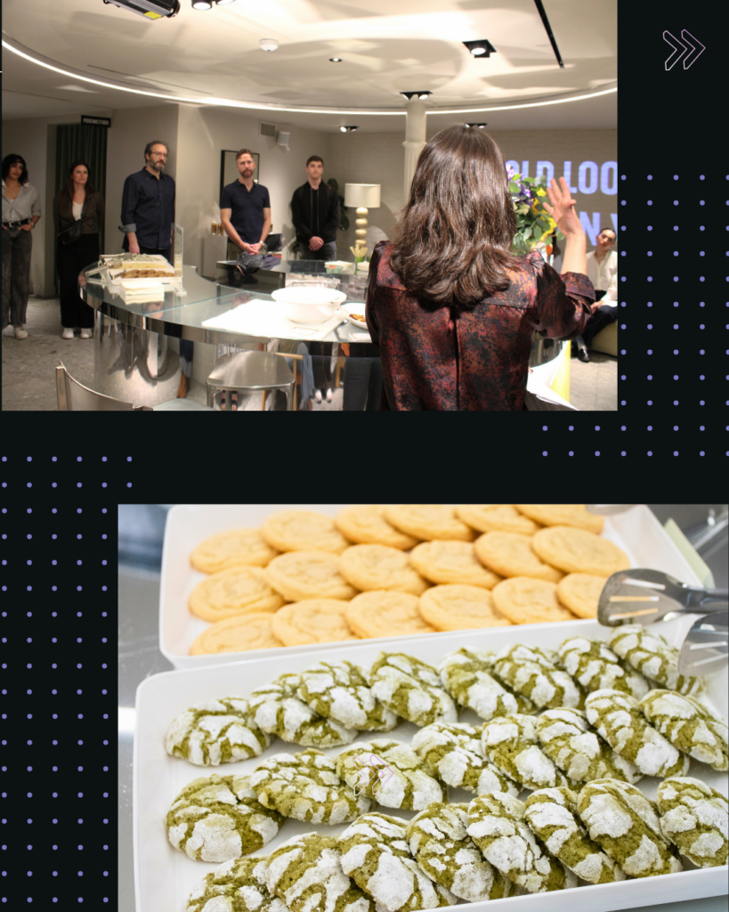 Slide featuring Lauren Mecca, founder of Tech/ish, addressing a group alongside close-up images of event refreshments.